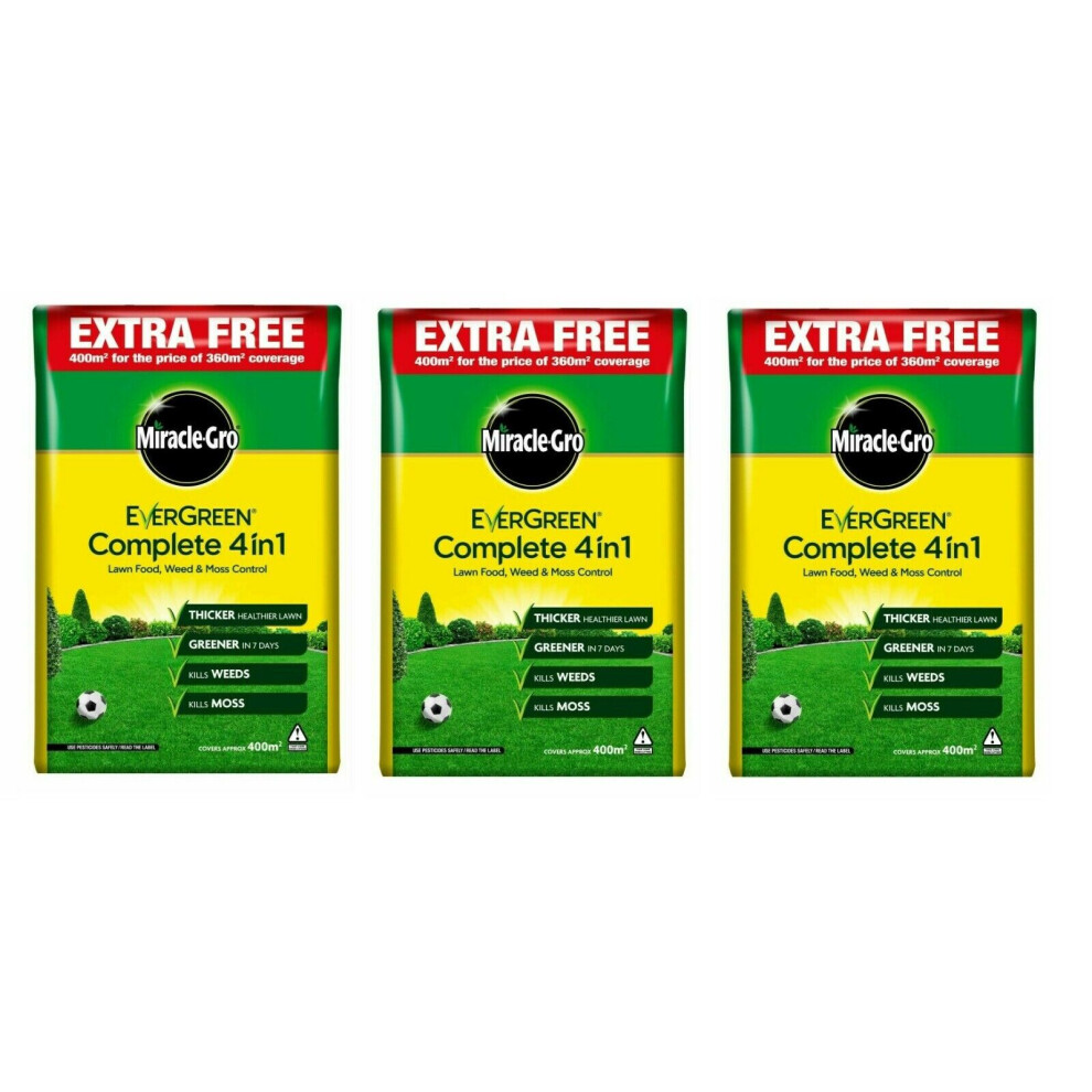 (Miracle Gro Evergreen 4 in 1 Complete 400sqm Lawn Food Weed & Moss Control Feed Pack of 3) EverGreen 360sqm Complete 4-in-1 Lawn Care Weed