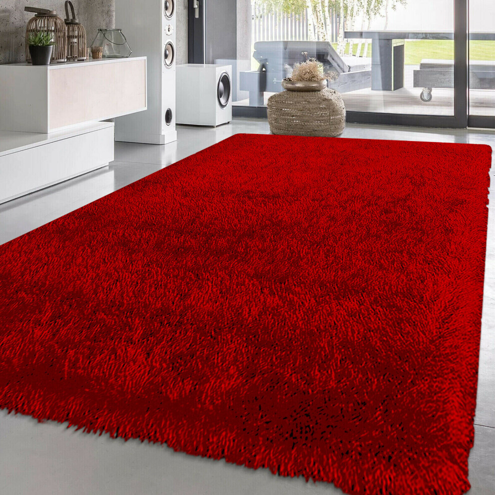 (Red, 120 x 170 cm) New Modern Non slip Fluffy Thick Shaggy Natty Rug