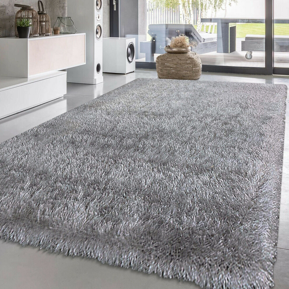 (Silver, 160 x 230 cm) New Modern Non slip Fluffy Thick Shaggy Natty Rug