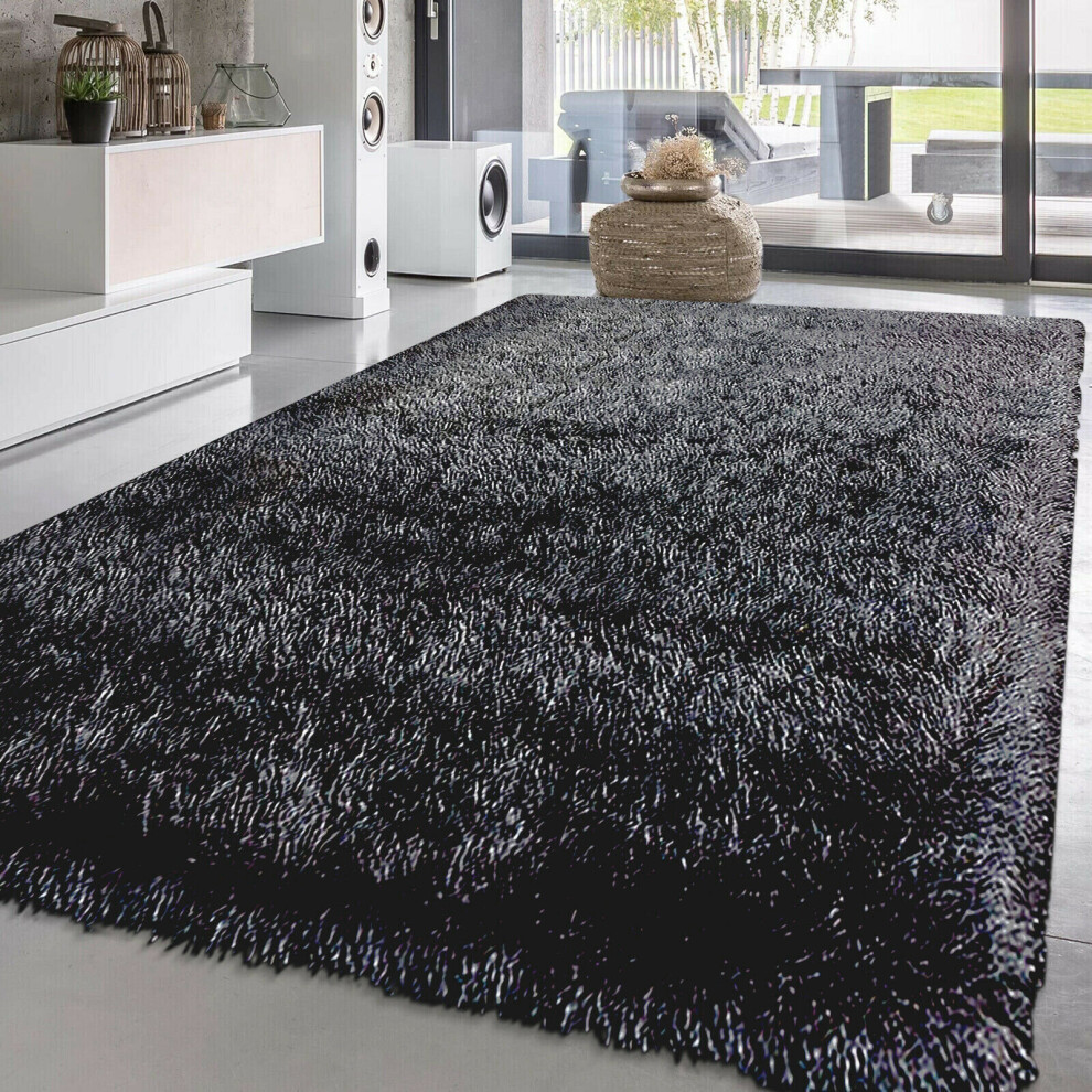 Prime Lenins (Black_grey, 120 X 170 Cm) New Modern Non Slip Fluffy Thick Shaggy Natty Rug