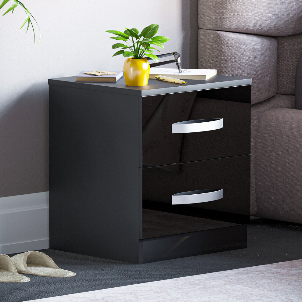 (Black) Hulio 2 Drawer Bedside Table Cabinet Nightstand