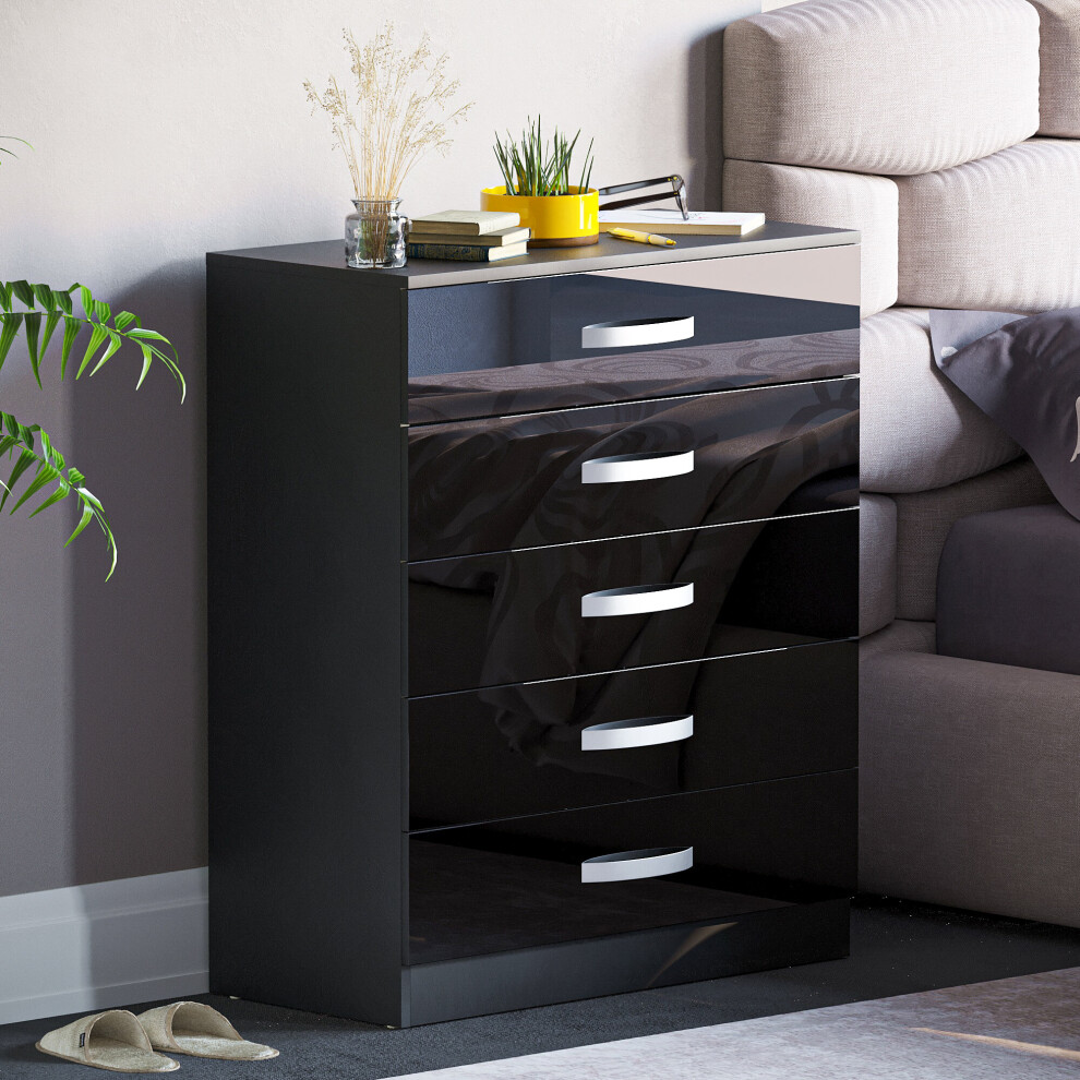 (Black) Hulio 5 Drawer Gloss Chest - Bedroom Storage Unit