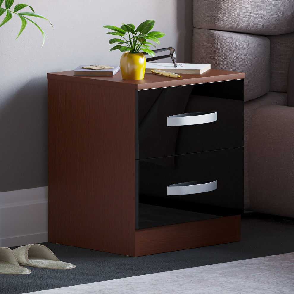 (Walnut & Black) Hulio 2 Drawer Bedside Table Cabinet Nightstand