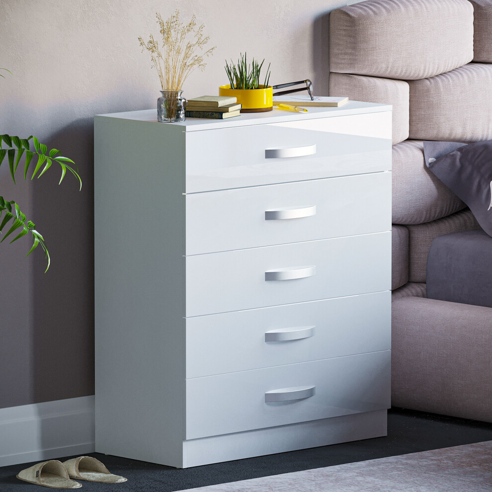 (White) Hulio 5 Drawer Gloss Chest - Bedroom Storage Unit