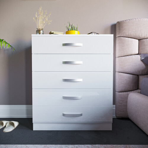 Vida Designs (White) Hulio 5 Drawer Gloss Chest - Bedroom Storage Unit 1