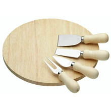 Wooden Round Cheese Serving Board With 4 Knife Platter Slate Gift Set