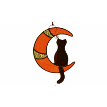 (blue) Stained Glass Effect Cat Sitting on Moon Decoration
