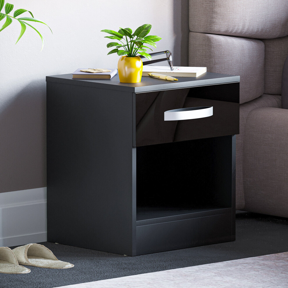 (Black) Hulio 1 Drawer Bedside Cabinet Shelf Bed Table