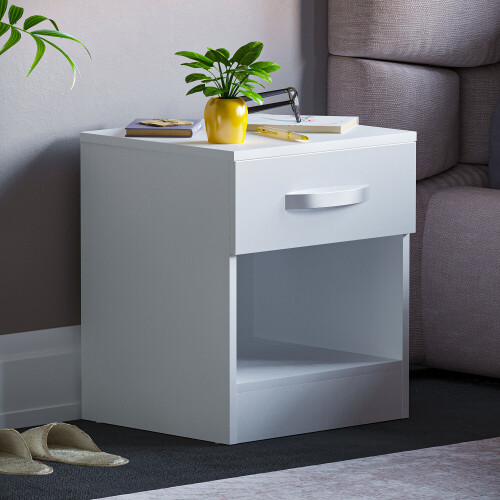 Home Discount (White) Hulio 1 Drawer Bedside Cabinet Shelf Bed Table