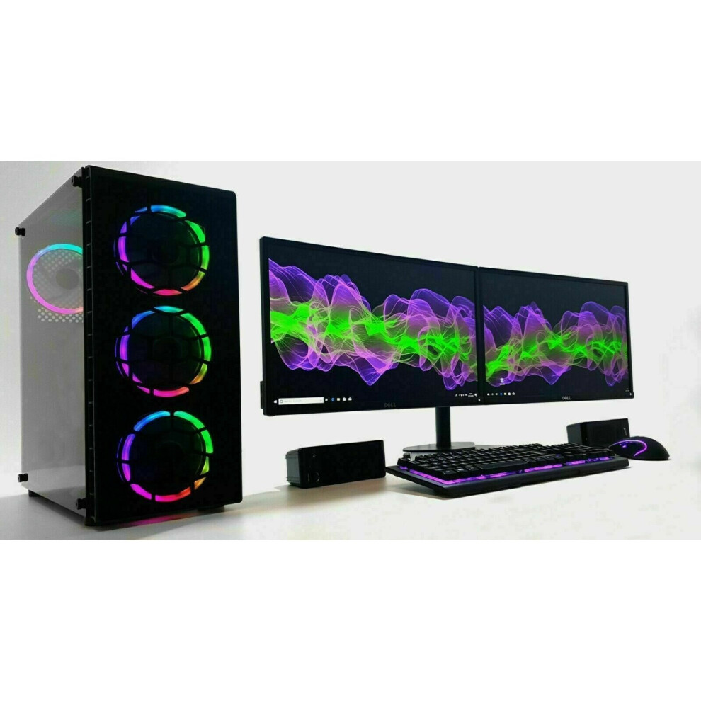 (8GB RTX 3050, Tempered Glass RGB Case) Gaming PC Bundle Dual 22" Monitor i7 480 SSD Wi-Fi