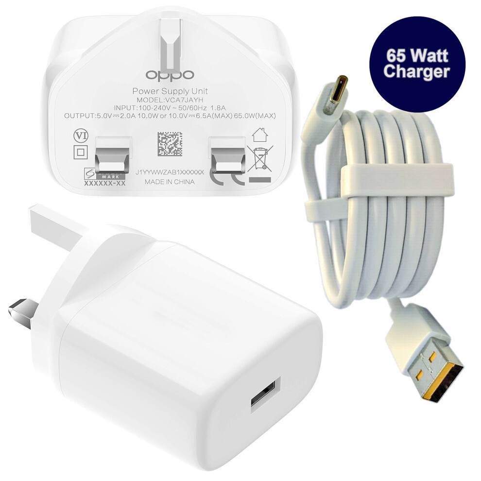 Official Oppo SuperVooc 65W Adapter UK Charger VCA7GAYH Plug Head USB C Cable