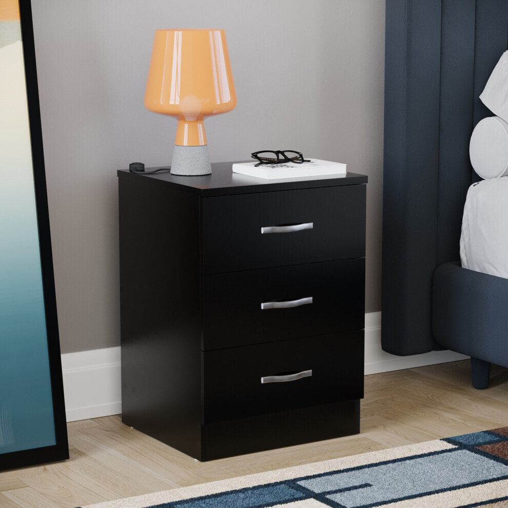 (Black) Riano 3 Drawer Bedside Chest Bedside Table Storage