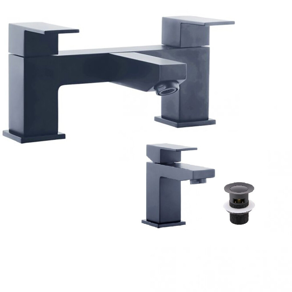 Matt Black Bathroom Tap Set Bath Filler & Basin Mixer Tap With Clicker Waste 5060966970415