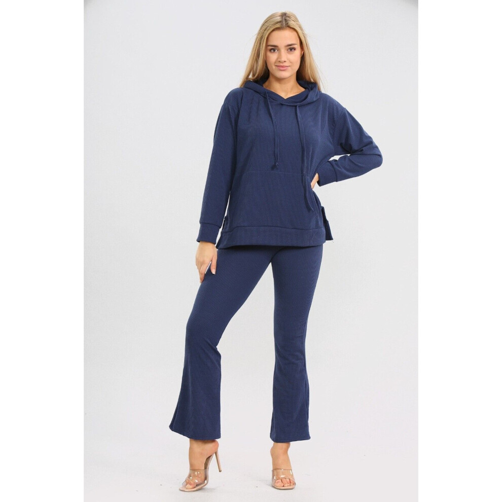 (Navy, M/L) Womens Bottom Ribbed Hooded Loungewear Tracksuit
