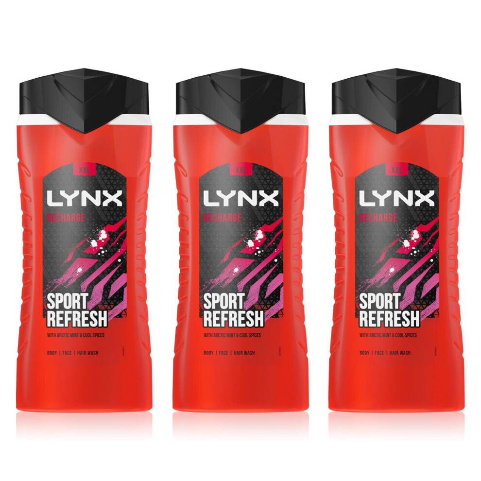 Lynx Recharge 12H Refreshing Fragrance Shower Gel Bodywash, 3x 500ml