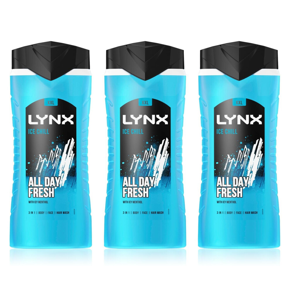 Lynx Ice Chill 12H Refreshing Fragrance Shower Gel Bodywash, 3x 500ml