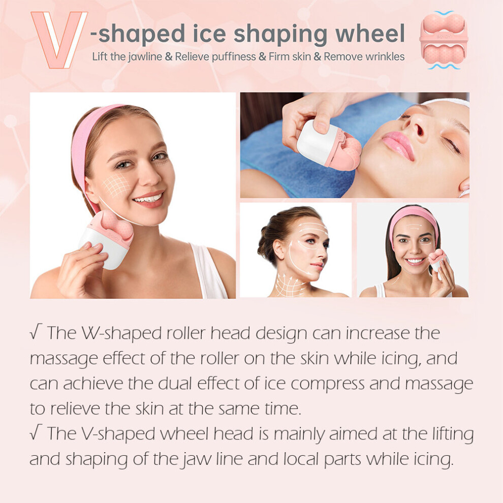 (Pink) Wavy Massager Ice Derma Roller Cooling Facial Relax