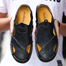 (Black, EU42) Men Genuine Leather SandalsSports Beach Shoes Soft Home Slippers Summer Casual
