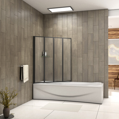 AICA Matt Black 4 Fold Folding Bath Screen 4mm Glass Panel 900x1400 1