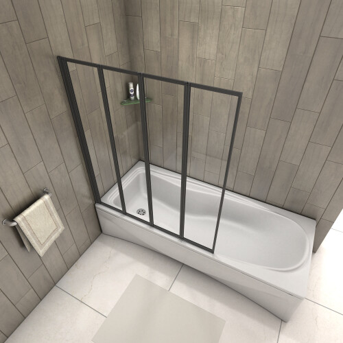 AICA Matt Black 4 Fold Folding Bath Screen 4mm Glass Panel 900x1400 2