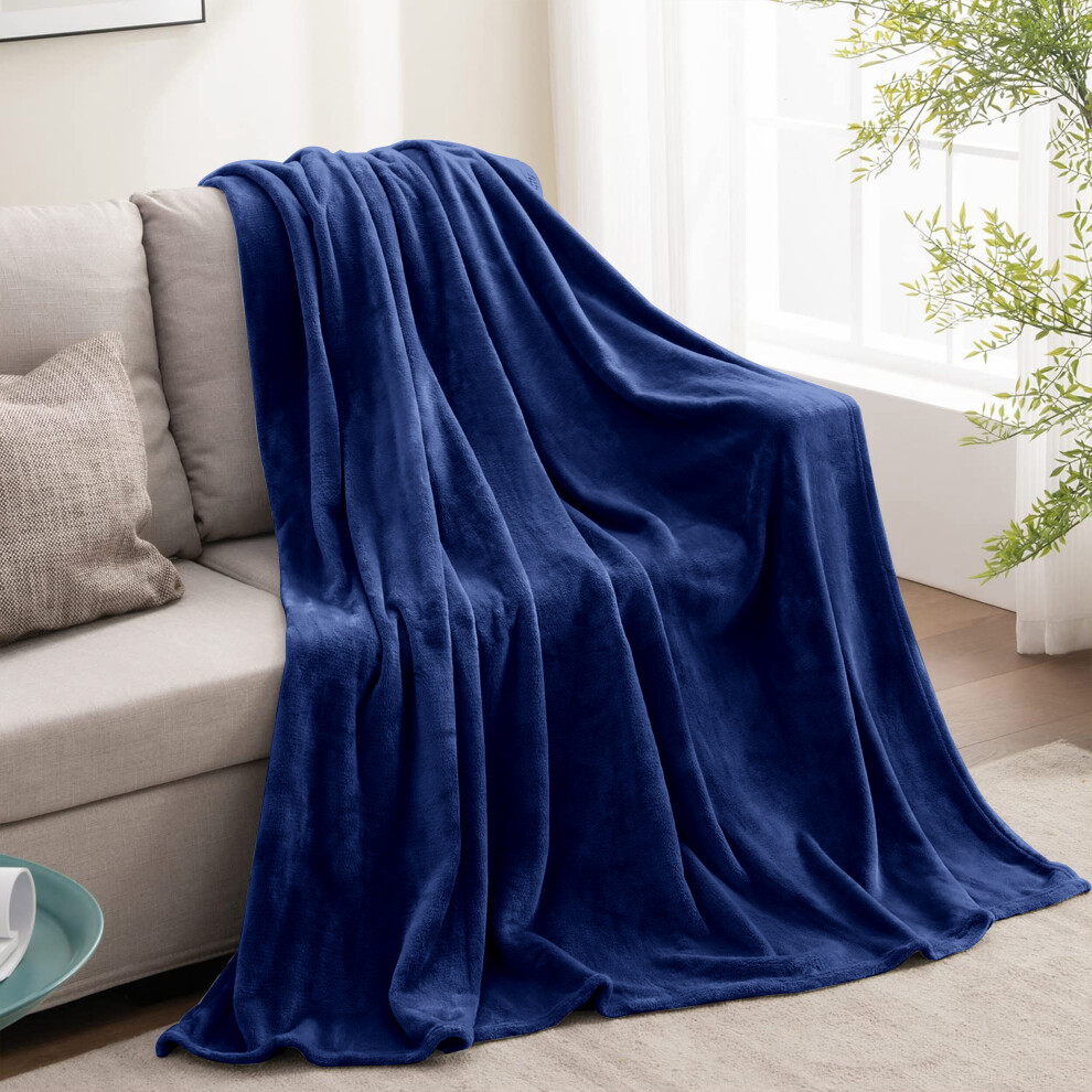 (Navy Fleece, Double) Faux Fur Fleece Blanket Large Sofa Bed Warm Throw