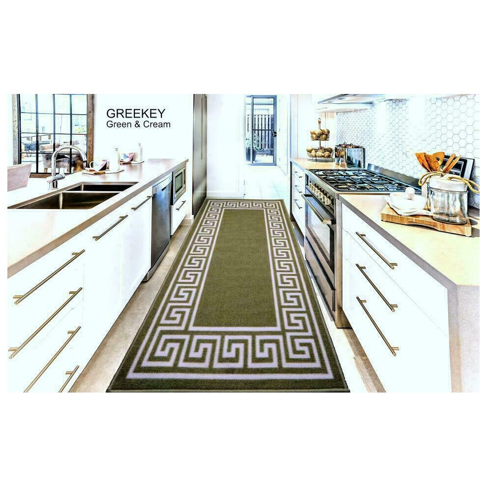 (Green_Cream, 66 x 220 cm) New Greeky Non Slip Runner Rug Living Room Carpet Bedroom Rugs Kitchen Floor Mat