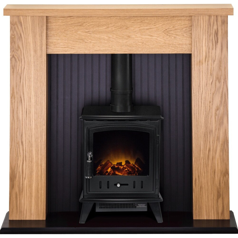 Adam New England Stove Fireplace in Oak with Aviemore Electric Stove in Black, 48 Inch