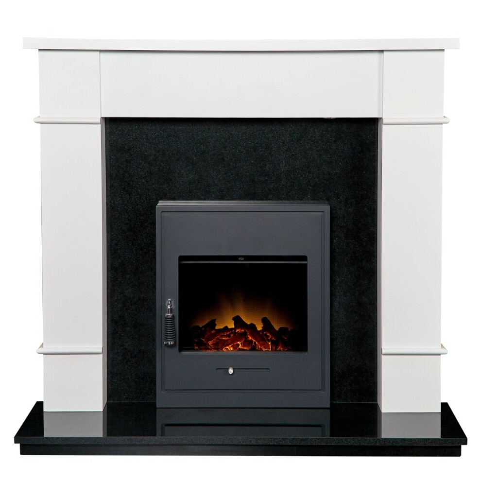 Adam Linton Fireplace with Downlights in Pure White & Granite with Oslo Electric Fire, 48 Inch