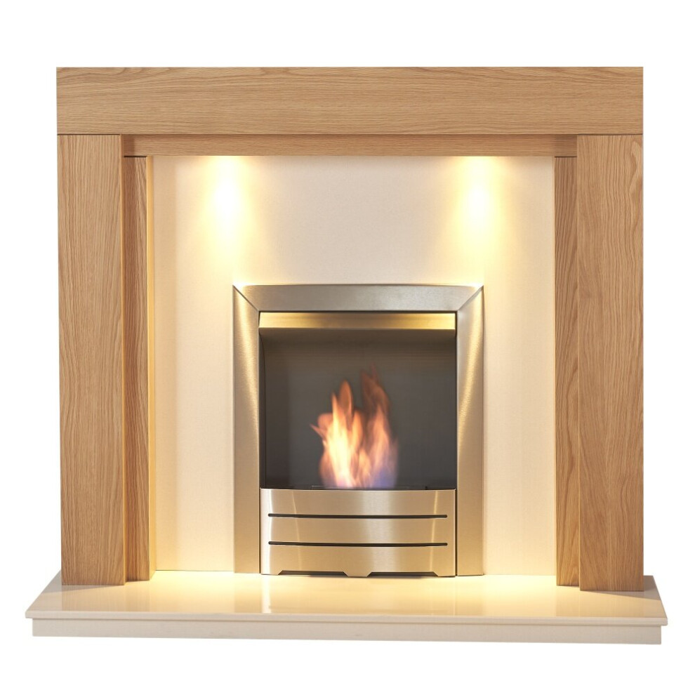 Adam Fenwick in Oak & White Marble With Downlights & Colorado Bio Ethanol Fire in Brushed Steel, 48 Inch