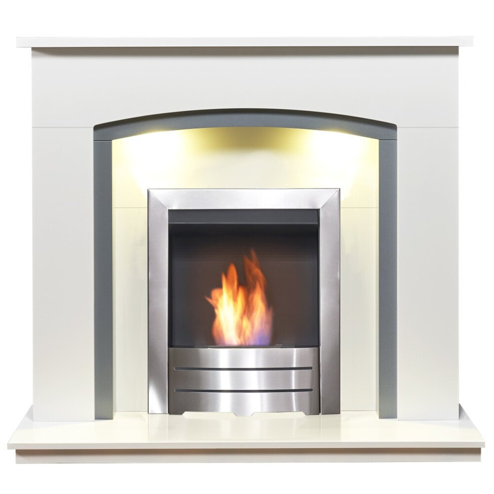 Adam Tuscany Fireplace in Pure White & Grey with Colorado Bio Ethanol Fire in Brushed Steel, 48 Inch