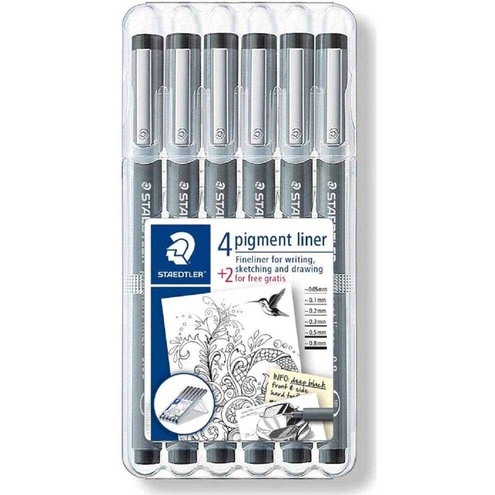 Staedtler 308 SB6P Pigment Liner Fineliner Technical Drawing Pens Assorted Line Width - Set of 6