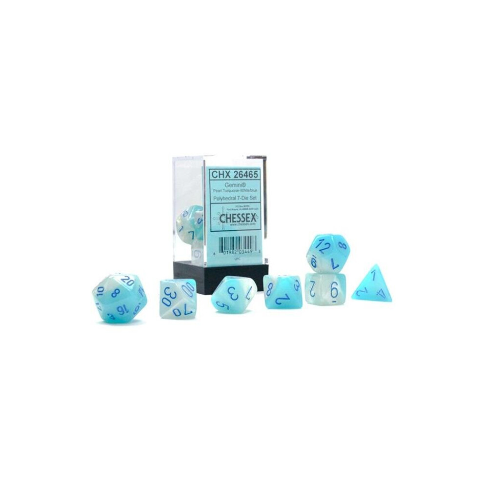 Photos - Other Toys Chessex Manufacturing CHX26465 Cube Gemini Luminary Pearl Turquoise & White Dice with Blue Numbers, Set of 7