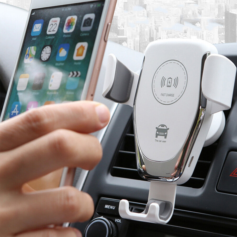 (White) Wireless Car Charger Auto-Clamping Phone Holder