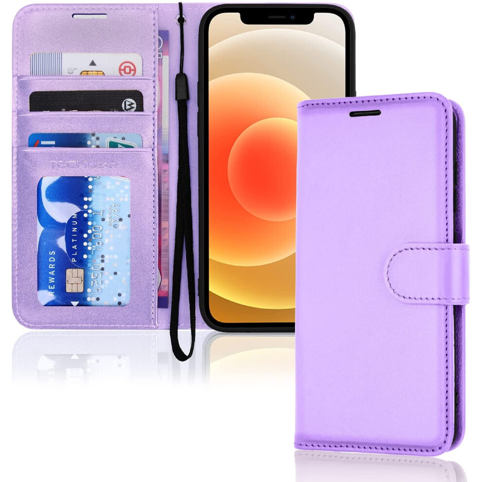 TECHGEAR iPhone 12 Mini Leather Wallet Case, Flip Protective Case Cover with Wallet Card Holder, Stand and Wrist Strap - Purple...