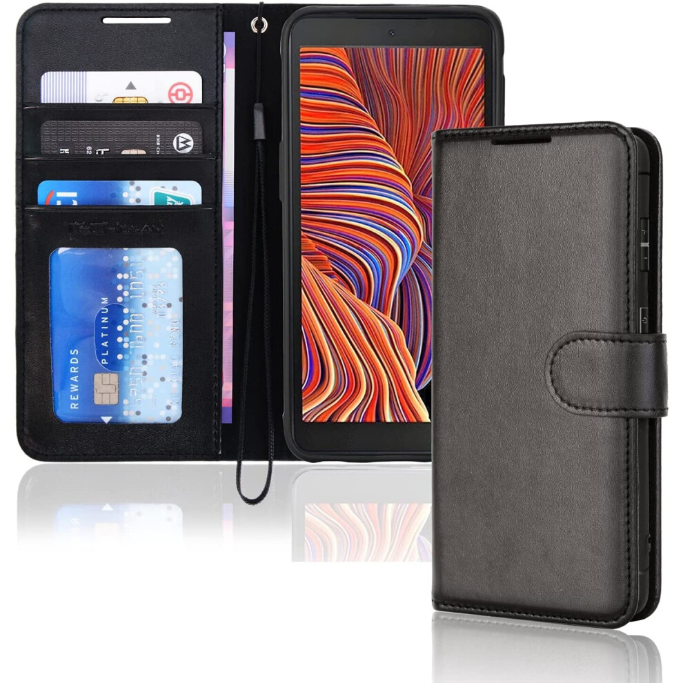 TECHGEAR Galaxy XCover 5 Leather Wallet Case, Flip Protective Case Cover with Wallet Card Holder, Stand and Wrist Strap - Black...