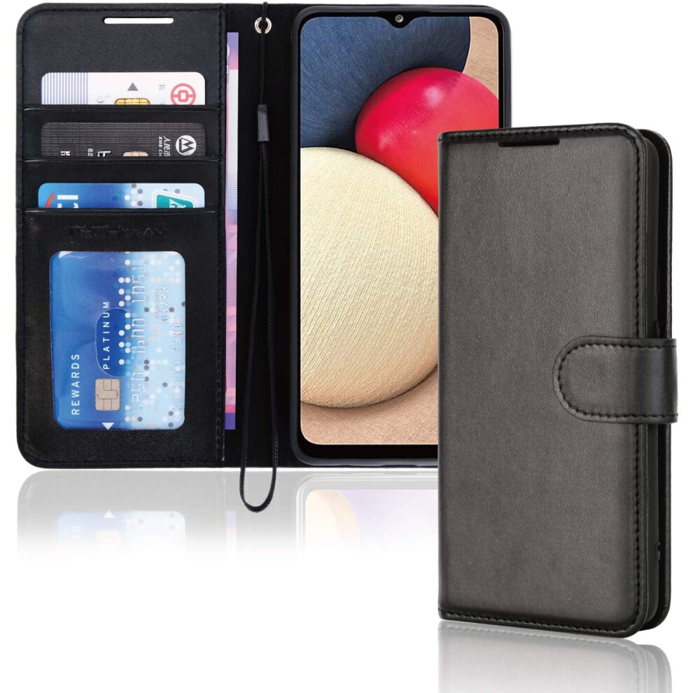 TECHGEAR Galaxy A02s Leather Wallet Case, Flip Protective Case Cover with Wallet Card Holder, Stand and Wrist Strap - Black PU...