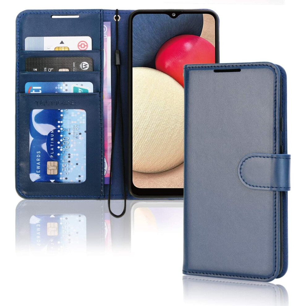 Techgear Galaxy A02s Leather Wallet Case, Flip Protective Case Cover With Wallet Card Holder, Stand And Wrist Strap - Blue Pu...