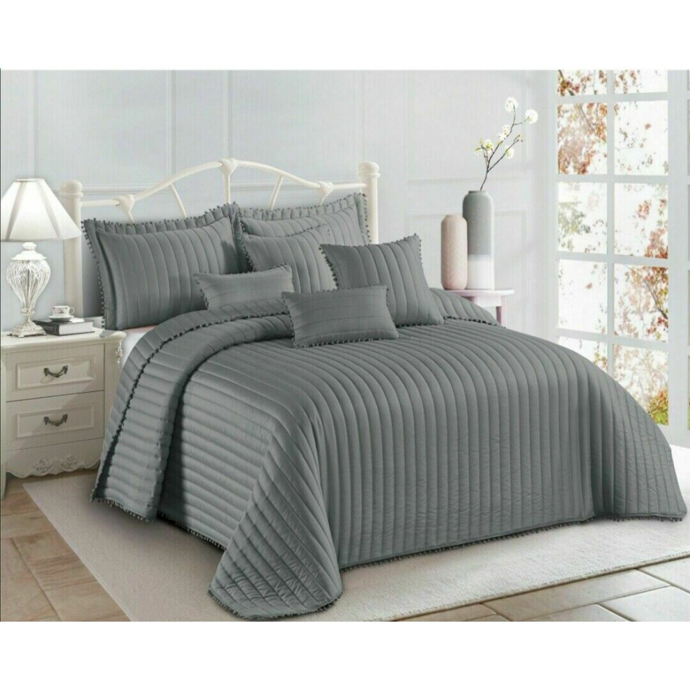 (Grey, Super King) 3pcs Quilted Beautiful Pom Pom Bedspread Comforter Throw Set With 2Pillow Shams