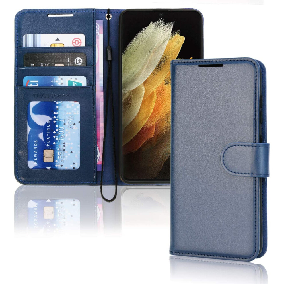 TECHGEAR Galaxy S21 Ultra Leather Wallet Case, Flip Protective Case Cover with Wallet Card Holder, Stand and Wrist Strap - Navy...