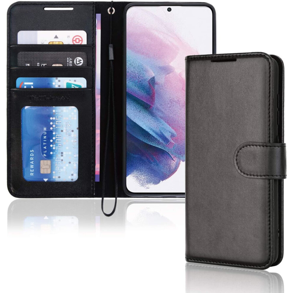 TECHGEAR Galaxy S21 Plus Leather Wallet Case, Flip Protective Case Cover with Wallet Card Holder, Stand and Wrist Strap - Black...