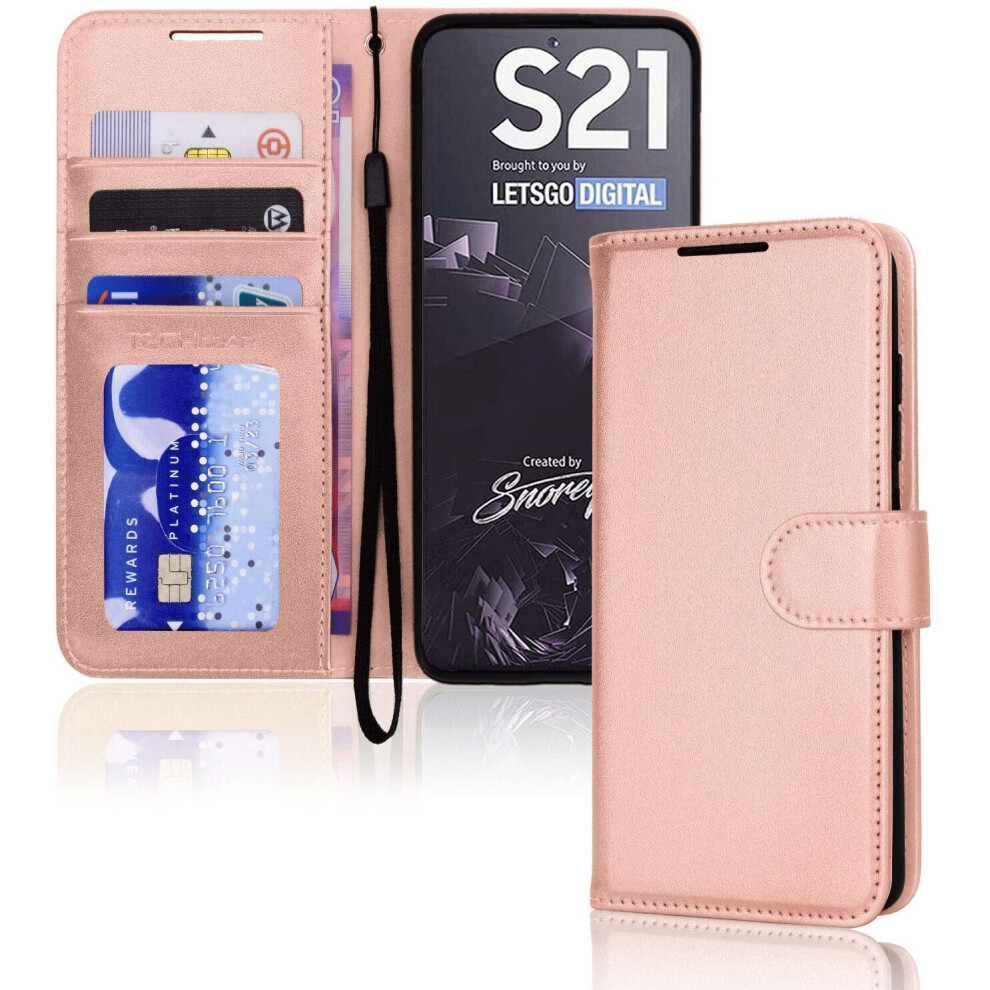 TECHGEAR Galaxy S21 Leather Wallet Case, Flip Protective Case Cover with Wallet Card Holder, Stand and Wrist Strap - Rose Gold...