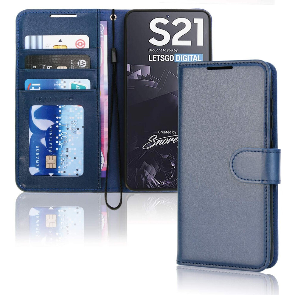 TECHGEAR Galaxy S21 Leather Wallet Case, Flip Protective Case Cover with Wallet Card Holder, Stand and Wrist Strap - Navy Blue...