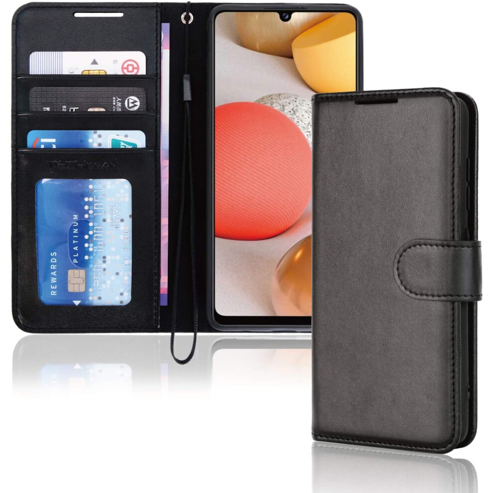 TECHGEAR Galaxy A42 5G Leather Wallet Case, Flip Protective Case Cover with Wallet Card Holder, Stand and Wrist Strap - Black...