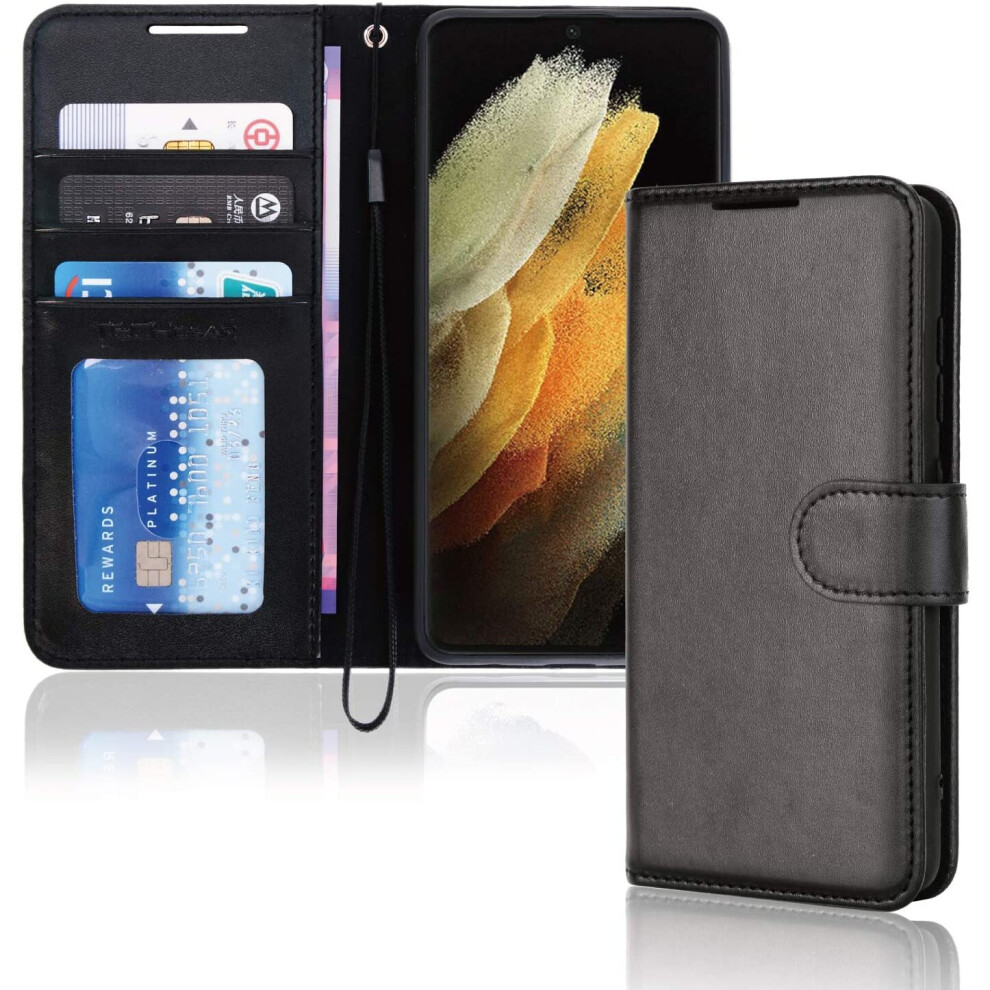 TECHGEAR Galaxy S21 Ultra Leather Wallet Case, Flip Protective Case Cover with Wallet Card Holder, Stand and Wrist Strap -...