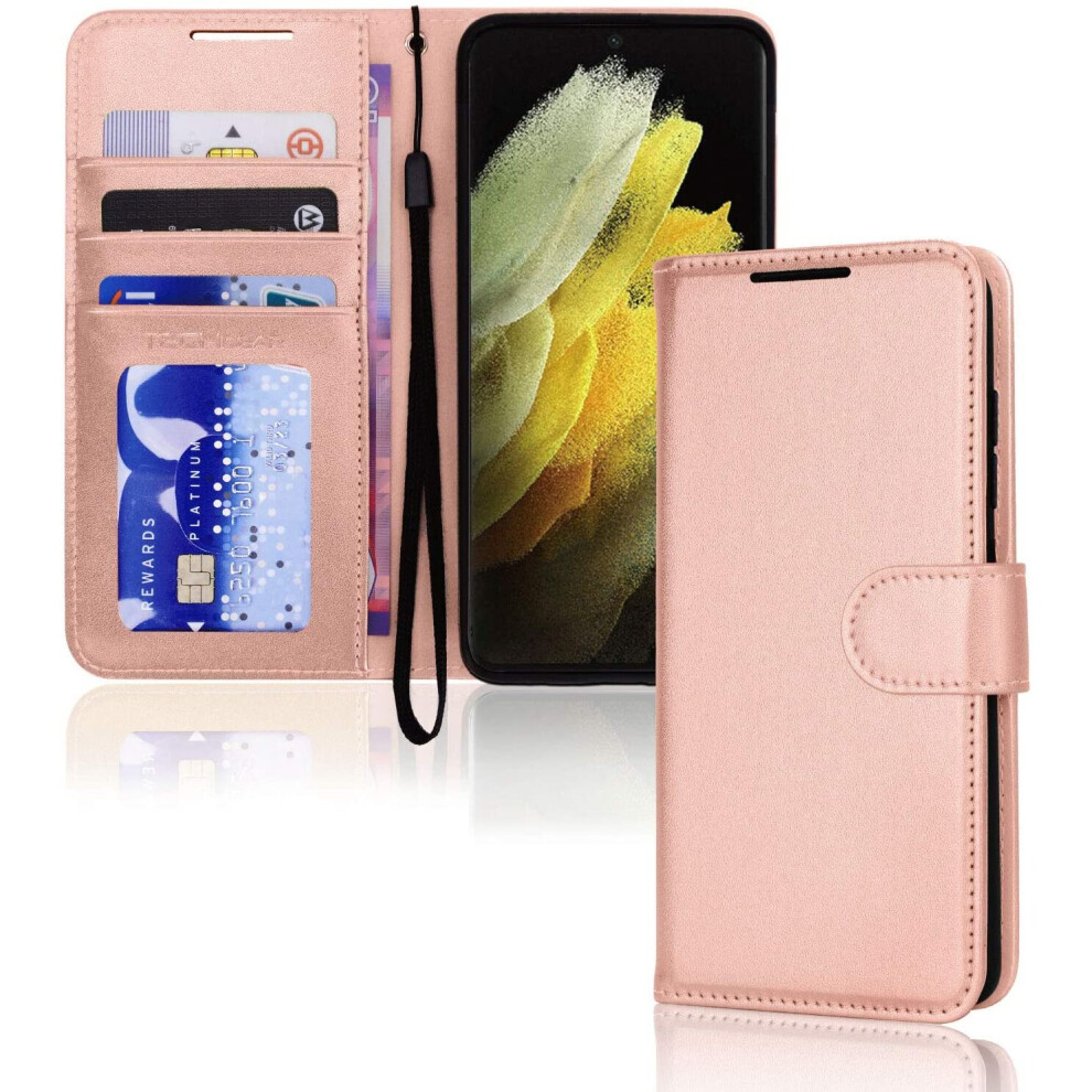 TECHGEAR Galaxy S21 Ultra Leather Wallet Case, Flip Protective Case Cover with Wallet Card Holder, Stand and Wrist Strap - Rose...