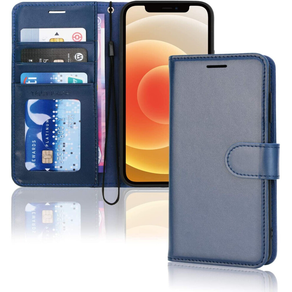 TECHGEAR iPhone 12 Mini Leather Wallet Case, Flip Protective Case Cover with Wallet Card Holder, Stand and Wrist Strap - Blue...