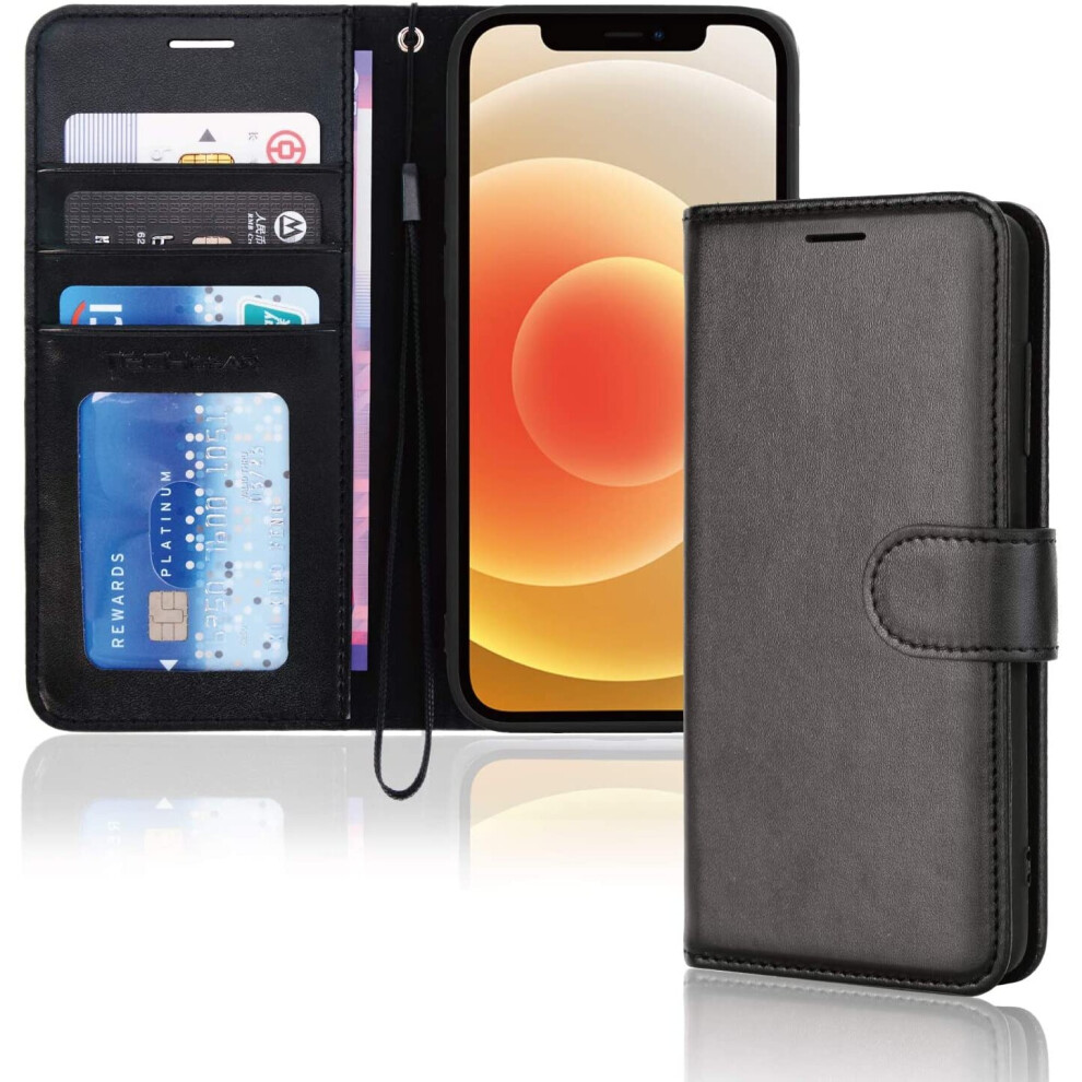 TECHGEAR iPhone 12 Mini Leather Wallet Case, Flip Protective Case Cover with Wallet Card Holder, Stand and Wrist Strap - Black...