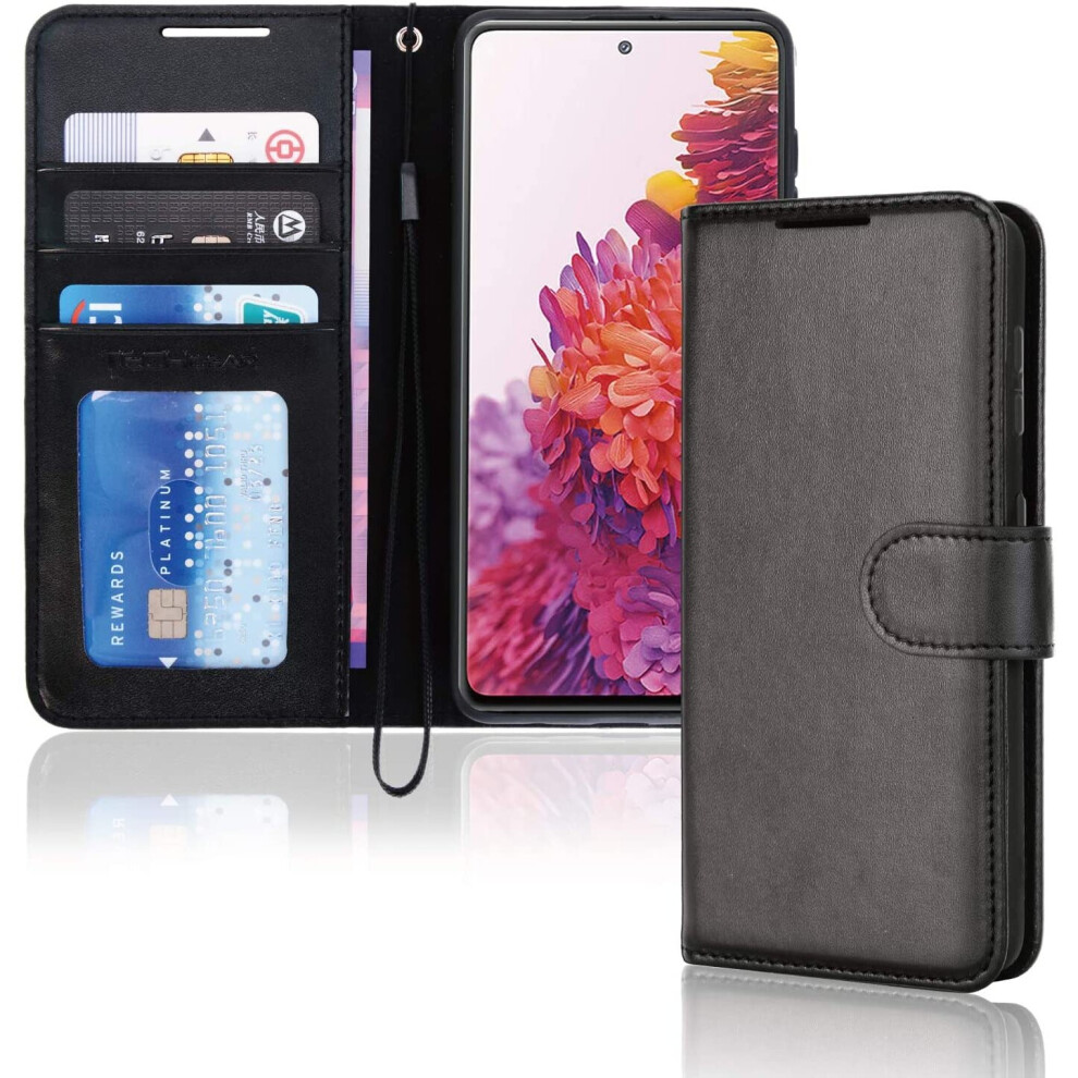 TECHGEAR Galaxy S20 FE Leather Wallet Case, Flip Protective Case Cover with Wallet Card Holder, Stand and Wrist Strap - Black...