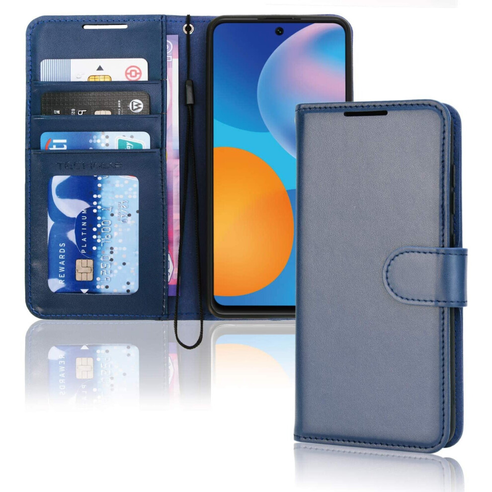 TECHGEAR P Smart 2021 Leather Wallet Case, Flip Protective Case Cover with Wallet Card Holder, Stand and Wrist Strap - Blue PU...