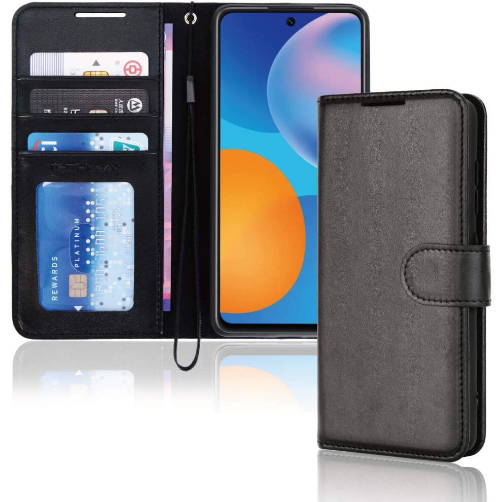 TECHGEAR P Smart 2021 Leather Wallet Case, Flip Protective Case Cover with Wallet Card Holder, Stand and Wrist Strap - Black PU...